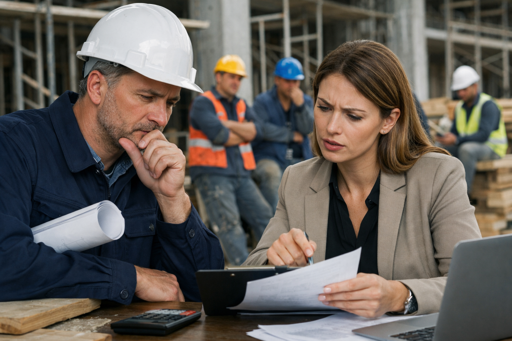 Dois gestores analisando custos em obra enquanto trabalhadores aguardam parados por falta de insumos na construção civil.