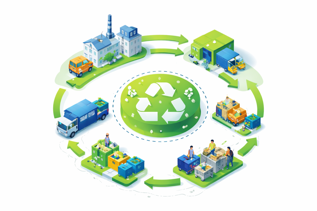 Ilustração da economia circular na indústria com etapas de produção, reaproveitamento, reciclagem e logística reversa.